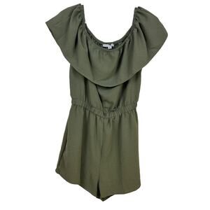 Haute Monde Women’s Sz M Green Off the Shoulder Boho Summer Elastic Waist Romper